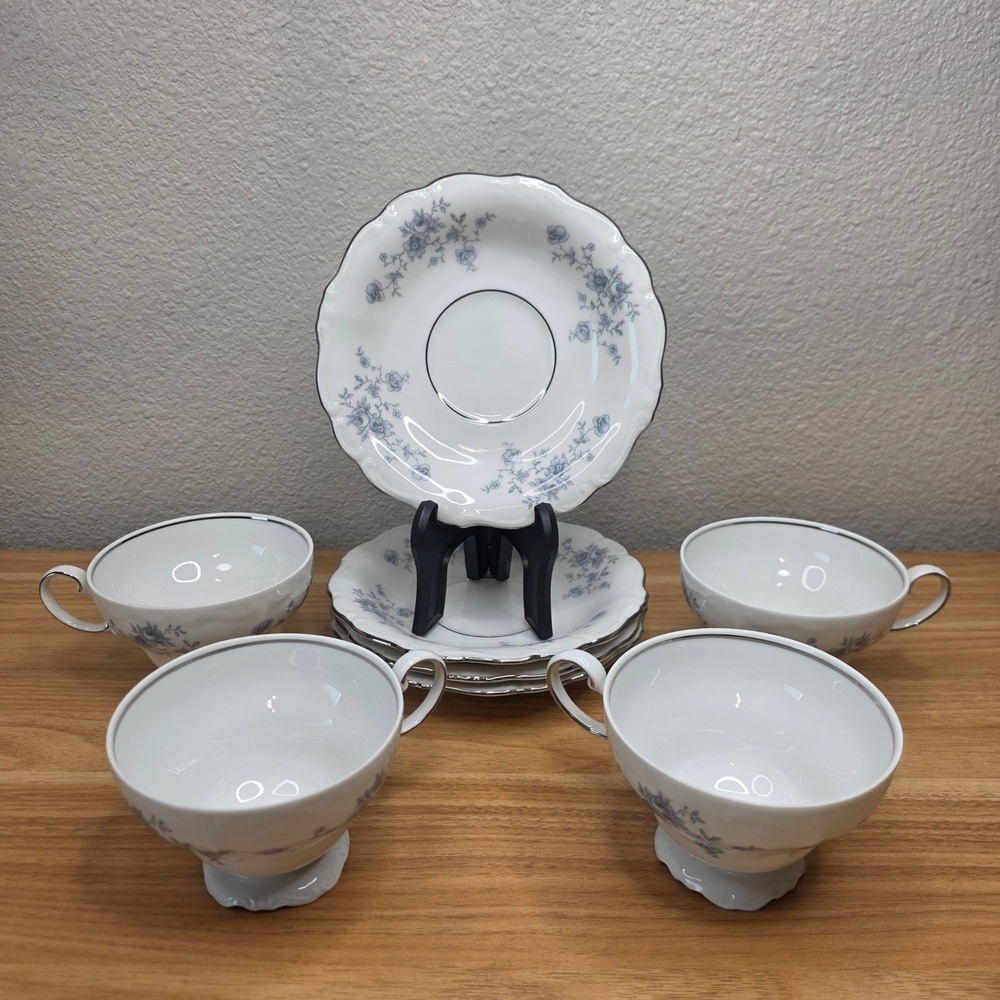 Johann Haviland Bavaria Germany Blue Garland 4 Pairs Footed Teacup/Saucer 8 pc